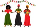 Three young african women holding in their hands traditional symbols of Kwanzaa - Unity Cup - Kikombe Cha Umoja, Basket Royalty Free Stock Photo