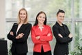 Three young attractive women in business suits posing against the backdrop of a light office. Head and subordinates Royalty Free Stock Photo