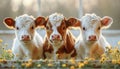 Three young calves standing behind a fence among yellow flowers at sunset