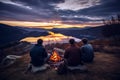 Three young campers gathered around a crackling campfire