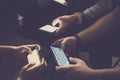 Close up of three device with video games for young caucasian friends playing together at home like technology addicted with Royalty Free Stock Photo