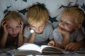 Three young children are reading a book with a flashlight under the covers at night. Royalty Free Stock Photo