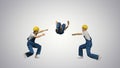 Three young construction workers in hard hats synch dancing look Royalty Free Stock Photo