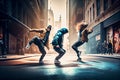 three young dancers dancing street-dance in downtown. Joyful people