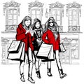 Three young fashionable women shopping in Paris