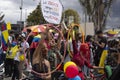 Three young female protesters making dancing art and juggling at HÃÂ©roes monument