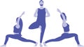 Three young flexible characters in position yoga pose Indian East Asana