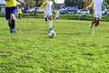 Three young football players. Children play a soccer game. Legs in action with a ball