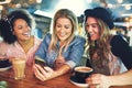 Three young girlfriends relaxing over coffee Royalty Free Stock Photo