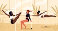 Three young girls in a pole dancing training class at a dance studio. Pole dancing, fitness and sport lifestyle