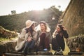 Three young girls sitting on the stairs. Royalty Free Stock Photo