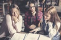 Three young girls students together at home teaching and Royalty Free Stock Photo