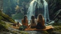 Young girls who love nature find peace near a secluded forest waterfall, AI generated