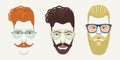 Three young hipster adult male faces icons set in different diversity and individual unique characters wearing sunglasses Royalty Free Stock Photo