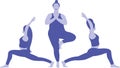 A three young ladies various weight in position yoga pose Indian East Asana