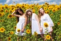 Three young women in white dress posing against the blue sky in sunflowers field Royalty Free Stock Photo