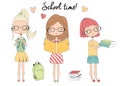 Three young school girls with glasses, school bag, books Royalty Free Stock Photo