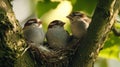 Three Young Sparrows Nestled In A Tree Royalty Free Stock Photo