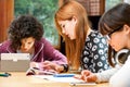 Three young students working on digital divices. Royalty Free Stock Photo