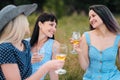 Three young women, blond, brunette and with dyed hair in blue dresses, and hats, sit on plaid and drink wine from Royalty Free Stock Photo