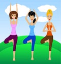 Three young women do physical exercises