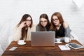 Three young women friends with laptop. Royalty Free Stock Photo