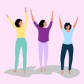 Three young women raising their hands. Exercising. Vector illustration