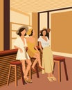 Three young women are relaxing in a bar, bachelorette party. The concept of feminism. Illustration