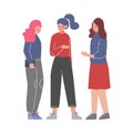 Three Young Women Talking and Discussing, Meeting of Friends or Colleagues, Girls Sharing Gossips Vector Illustration on Royalty Free Stock Photo