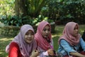 Three younger girls posing for the camera in the Botanical Garden