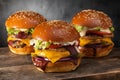 Three yummy juicy hamburgers with double cutlet and cheese on a wooden table.