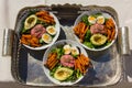 Three yummy salad bowls with avocado, boiled eggs