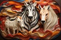 three zebras are in a paper art piece