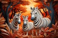 three zebras standing in the forest at sunset
