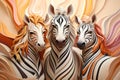 three zebras standing in front of an abstract background