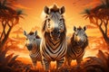 three zebras standing in front of a sunset