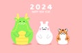 Three zodiac animals dragon rabbit tiger cny 2024