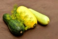 Ripe three zucchini and dill lie on a wooden table.