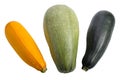 Three zucchini of different colors, isolated
