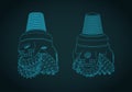 Threecone oil drilling bit isometric blueprints illustration Royalty Free Stock Photo
