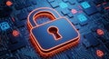 Digital security concept with glowing blue padlock icon on circuit board representing cyber protection and data encryption Royalty Free Stock Photo