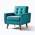 Threequarter View Teal Mid Century Modern Armchair On White Background. Generative AI Royalty Free Stock Photo