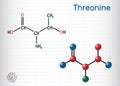 Threonine, L-Threonine, Thr, C4H9NO3 essential amino acid molecule. Structural chemical formula and molecule model. Sheet of paper