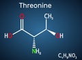 Threonine, L-Threonine, Thr, C4H9NO3 essential amino acid molecule. Structural chemical formula on the dark blue background