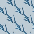 Thresher shark seamless pattern in scandinavian style. Marine animals background. Vector illustration for children funny textile