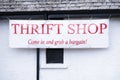 Thrift charity shop banner sign in poor rural town uk