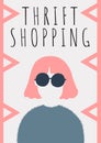 Thrift stopping text over woman wearing sunglasses icon against white background