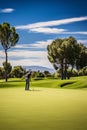 The Thrill of Lining Up a Putt with a Bright Sky Overlooking the Green Course Landscape