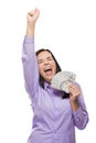 Thrilled Mixed Race Woman Holding the New One Hundred Dollar Bills Royalty Free Stock Photo