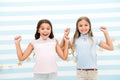 Thrilled moments together. Kids schoolgirls preteens happy together. Girls smiling happy faces excited expression stand